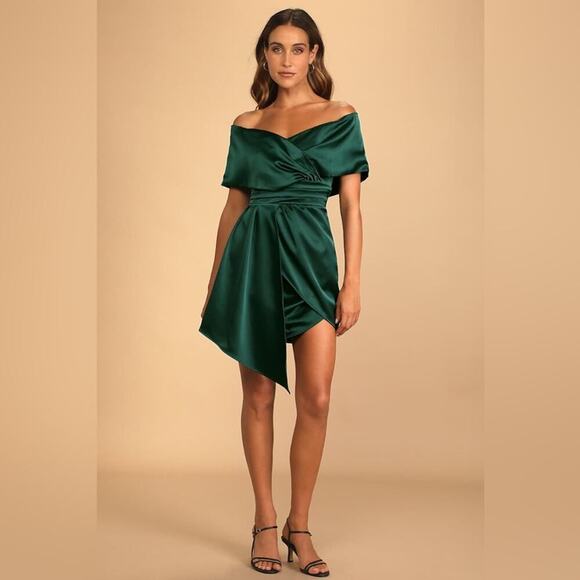 Lulus Dresses & Skirts - NWT Lulus Always Celebrating Dark Green Satin Off-the-Shoulder Mini Dress Large